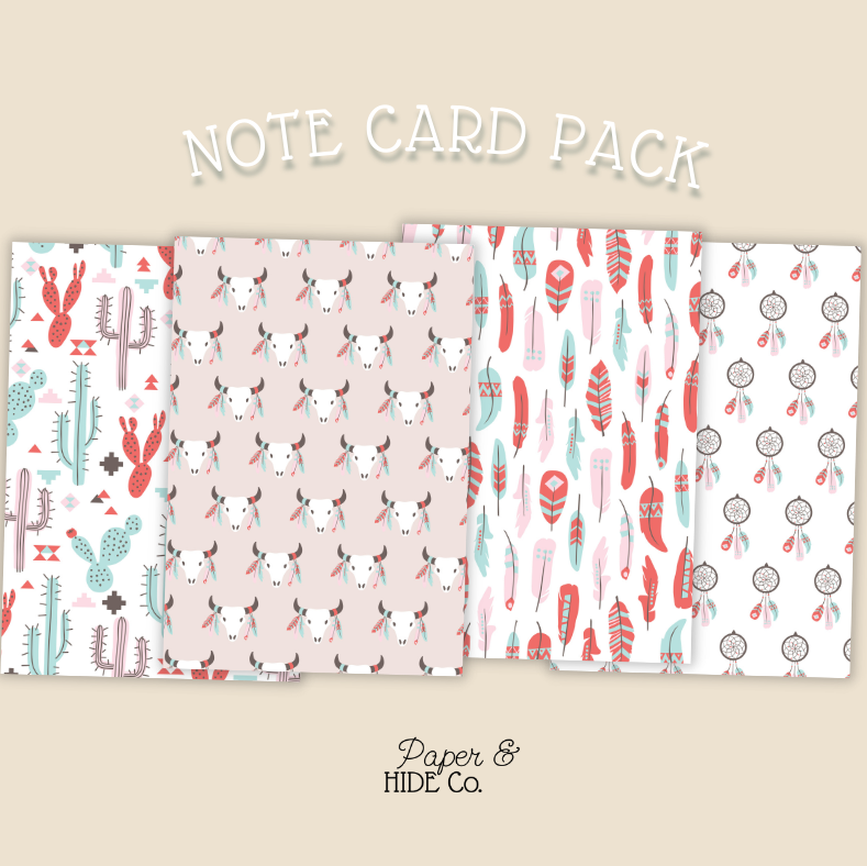 Note card pack with various patterns on a beige background, featuring the brand 'Paper & Hide Co'.