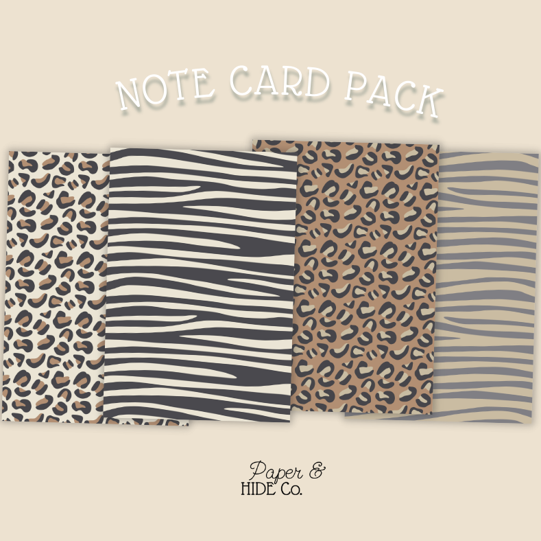 Note card pack with animal print designs on a beige background, featuring the brand 'Paper & Hide Co'.