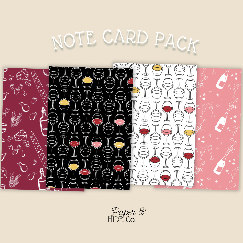 Note card pack with wine-themed designs on a beige background, featuring the brand 'Paper & Hide Co'.