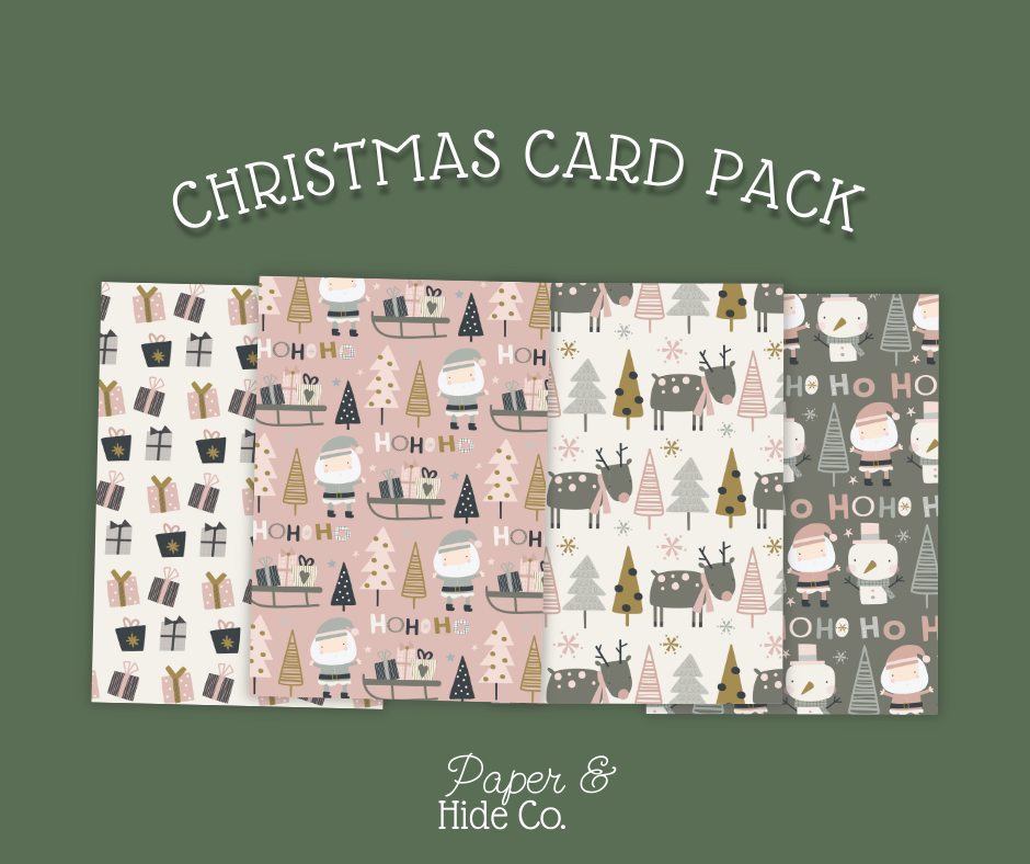 Christmas card pack with various patterns on a green background, featuring the brand 'Paper & Hide Co.'