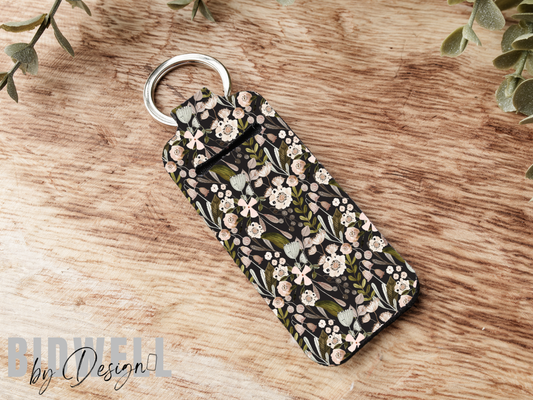 Black Floral Chapstick Holder Keychain