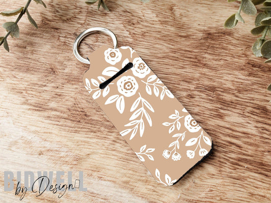 Boho Tan Floral Chapstick Holder Keychain