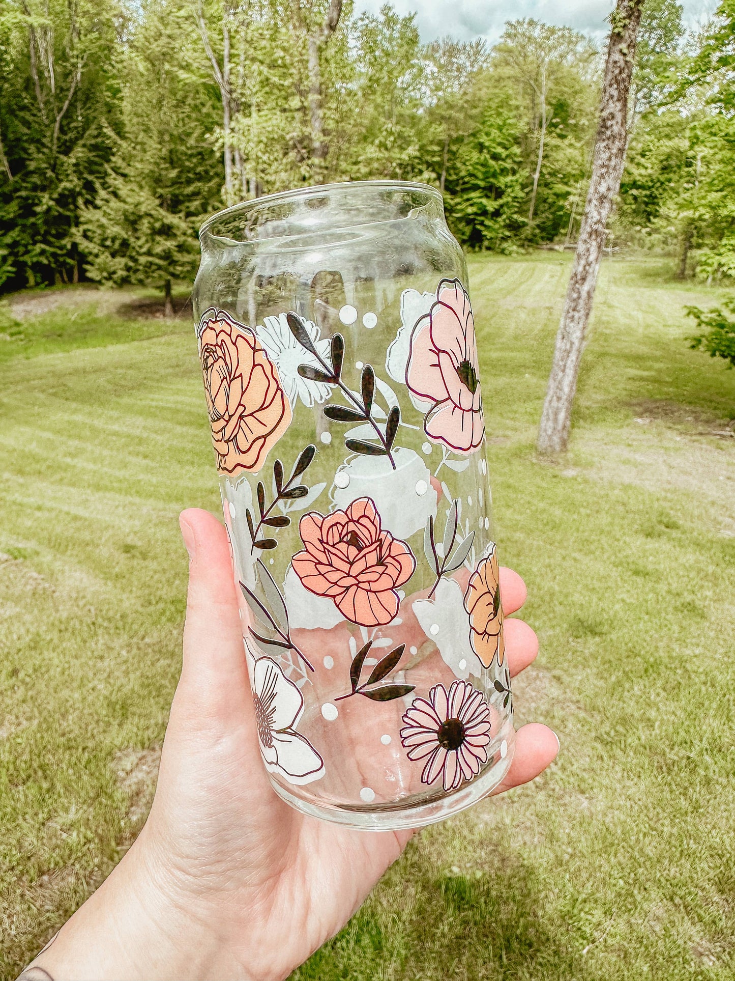 Vintage Floral Glass Can Cup 20oz