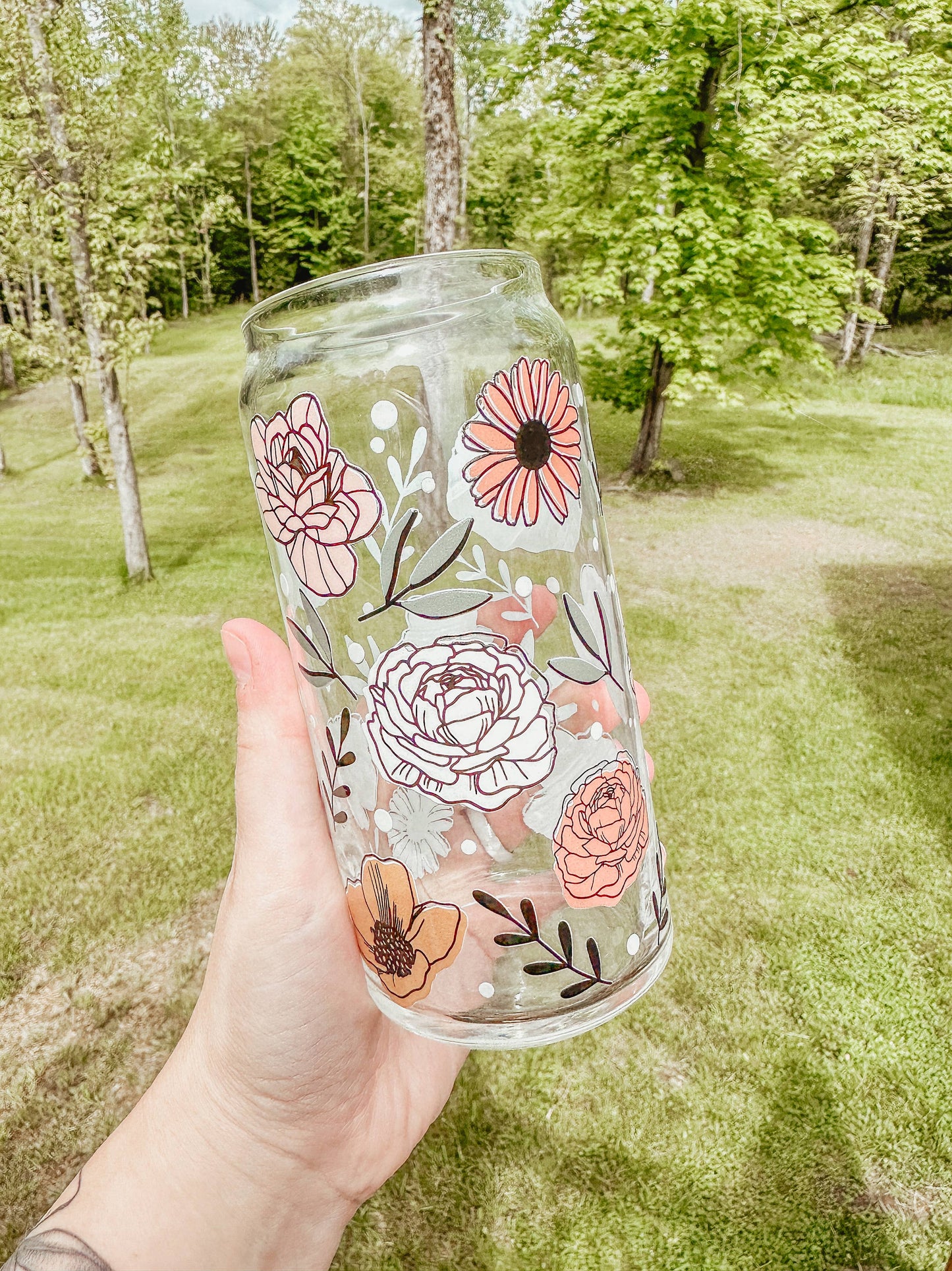 Vintage Floral Glass Can Cup 20oz